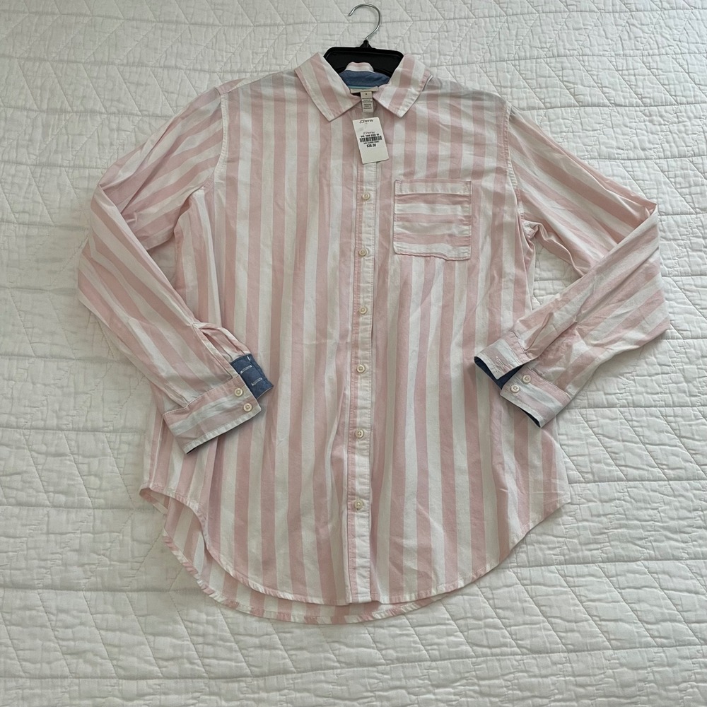 St Johns Bay Womens Pink White Striped Cotton Button Down Shirt Small NWT